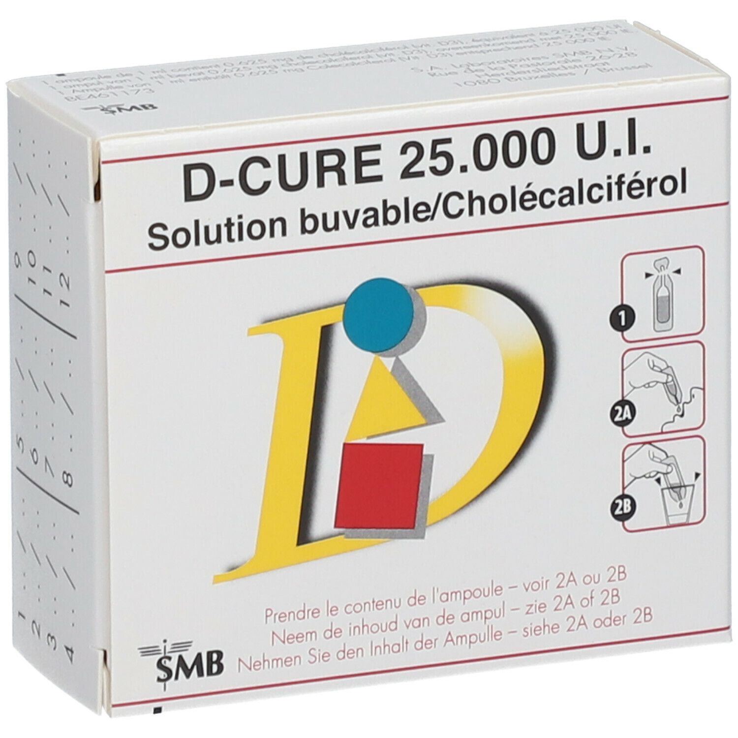Boîte de D-Cure 25.000 U.I. Solution buvable. Contient une ampoule et des instructions. Logo SMB.