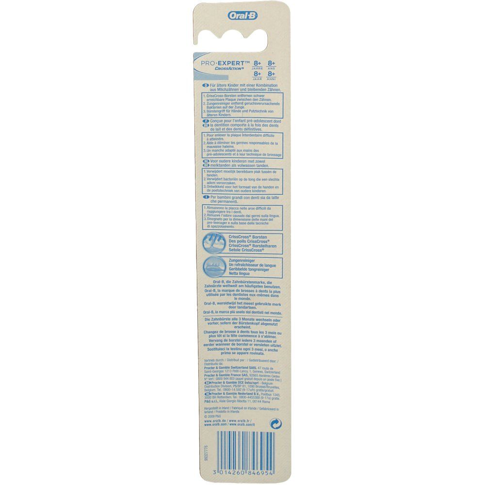 Rückseite der Zahnbürstenverpackung mit Produktinformationen und Altersangabe. Mehrsprachiger Text.