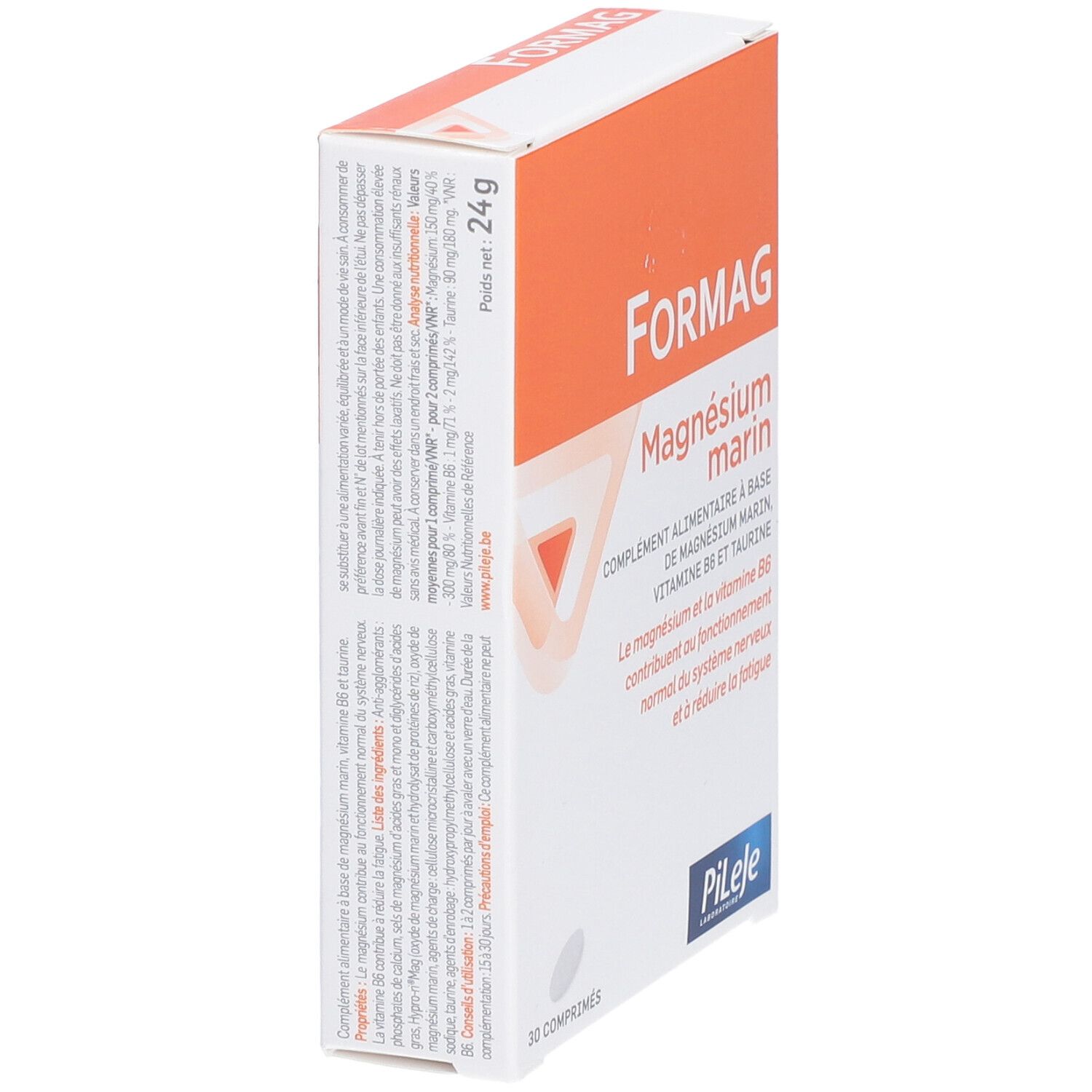 Boîte "Formag Magnésium marin" en biais. Texte et logo Pileje. Contient 30 comprimés.