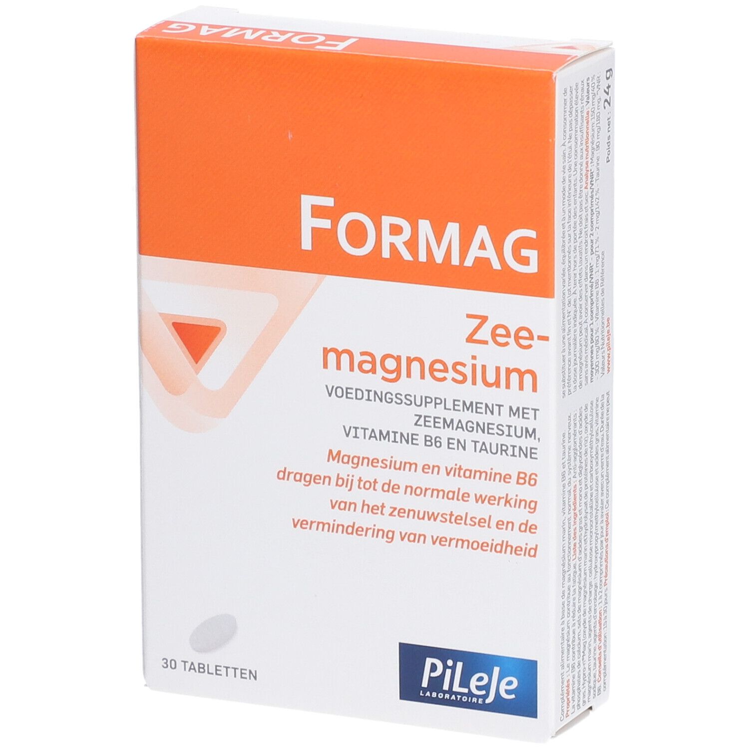 Boîte blanche et orange "Formag Zee-magnesium". Contient 30 comprimés. Marque Pileje.