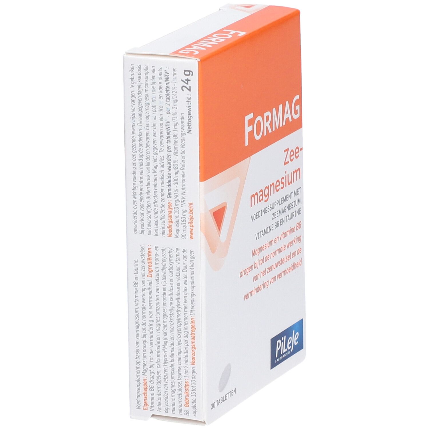 Boîte "Formag Zee-magnesium" en biais. Texte et logo Pileje. Contient 30 comprimés.