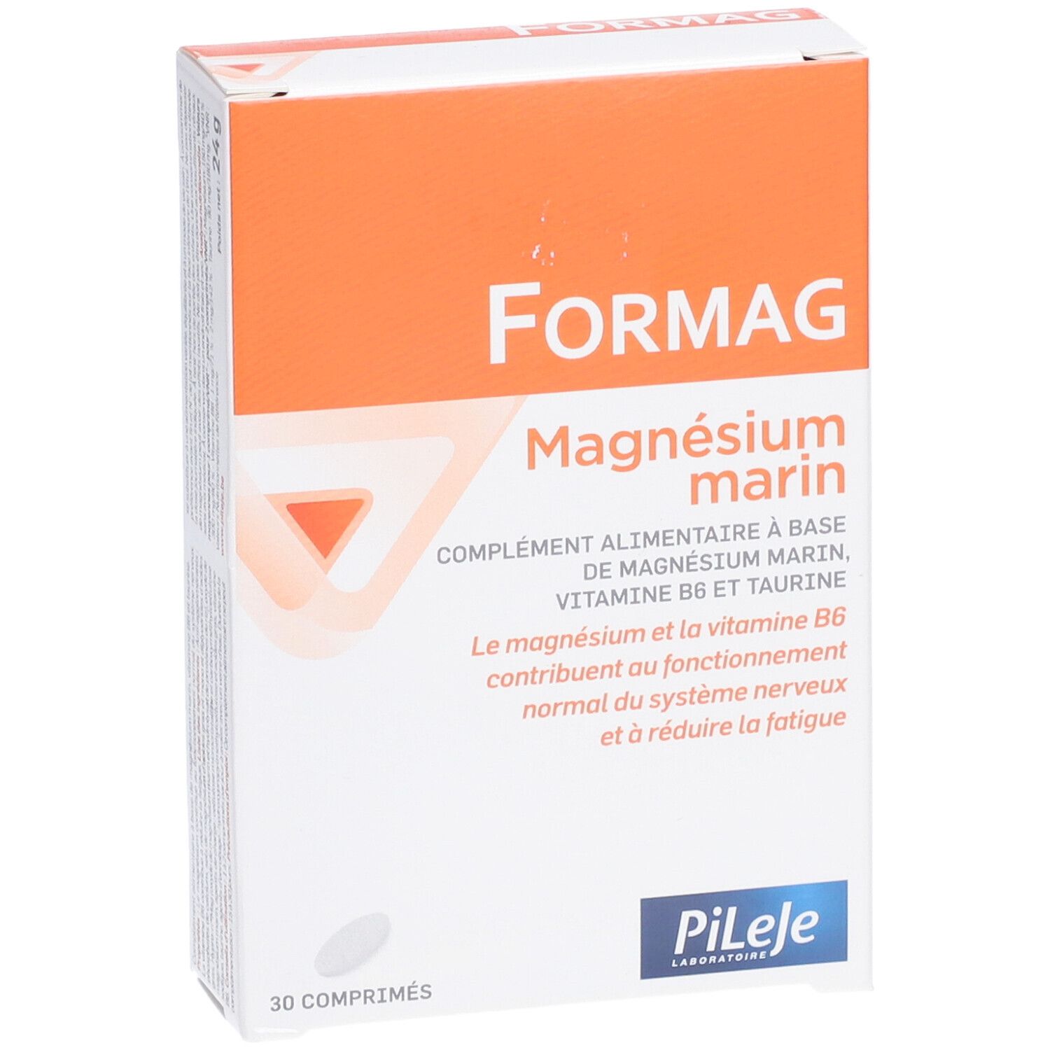 Boîte blanche et orange "Formag Magnésium marin". Contient 30 comprimés. Marque Pileje.