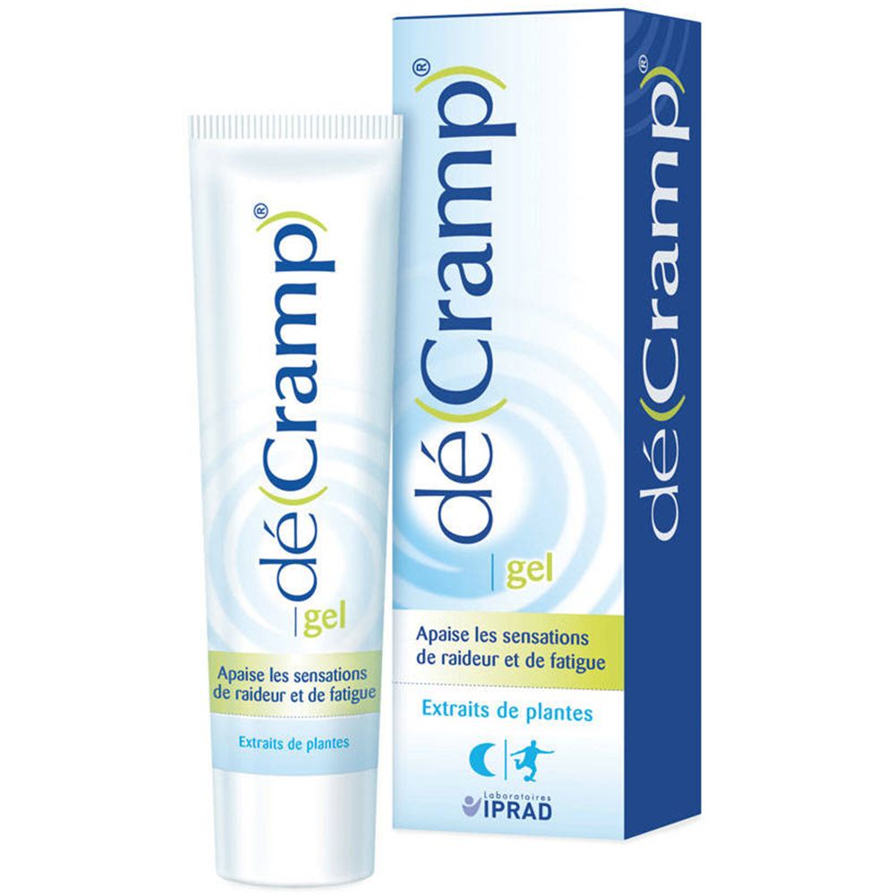 Tube et boîte de gel blanc. Inscription: déCramp gel. Accents bleus et verts. Logo IPRAD.