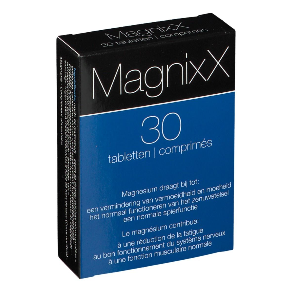 Boîte "MagnixX" avec "30 comprimés". Couleurs bleu et noir. Texte en allemand, français et néerlandais.