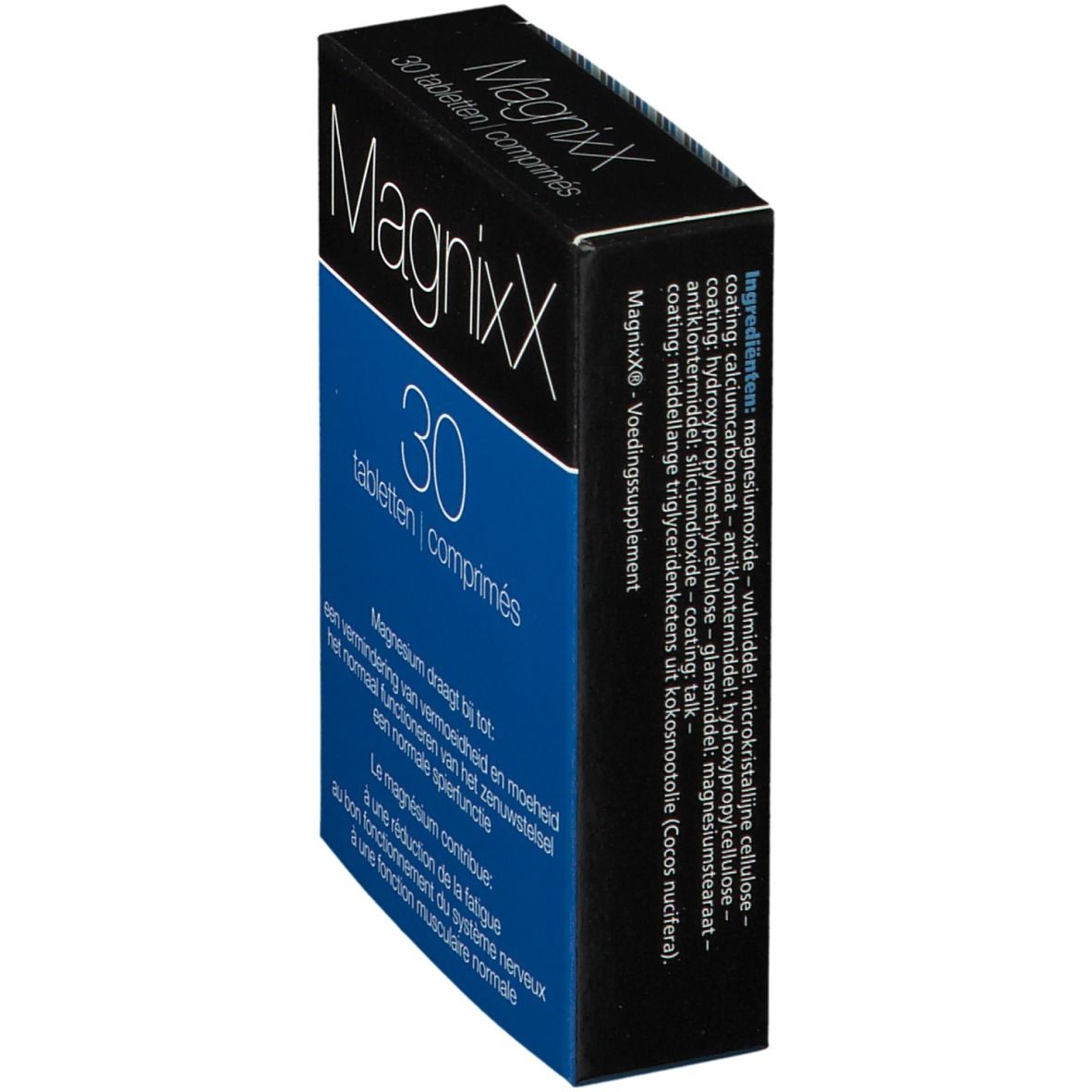 Boîte "MagnixX" avec liste d'ingrédients. Couleurs bleu et noir. Texte en allemand, français et néerlandais.