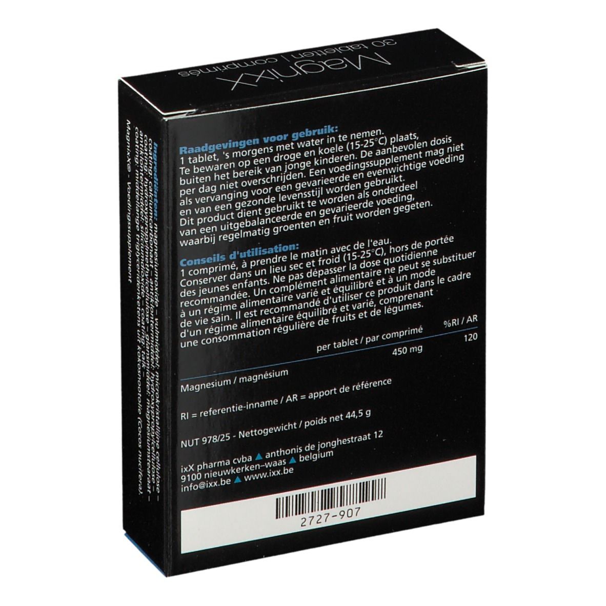 Dos de la boîte "MagnixX" avec instructions et informations nutritionnelles. Texte en allemand, français et néerlandais.