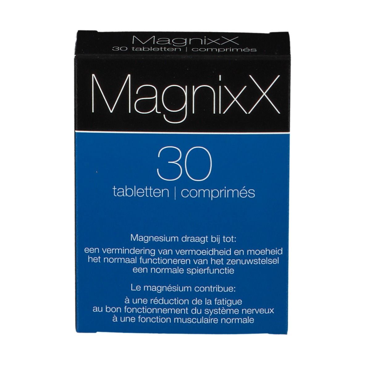 Face avant de la boîte "MagnixX" avec nom du produit et "30 comprimés". Couleurs bleu et noir.
