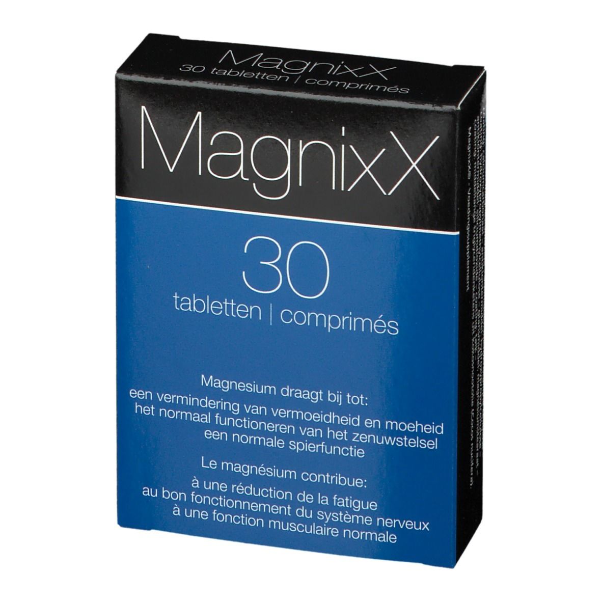 Face avant de la boîte "MagnixX" avec nom du produit et "30 comprimés". Couleurs bleu et noir.