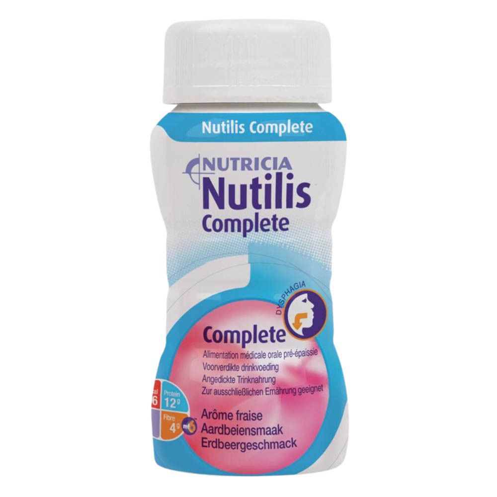 Enkele fles. Opschrift: Nutricia Nutilis Complete. Aardbeiensmaak. Voor medische doeleinden.