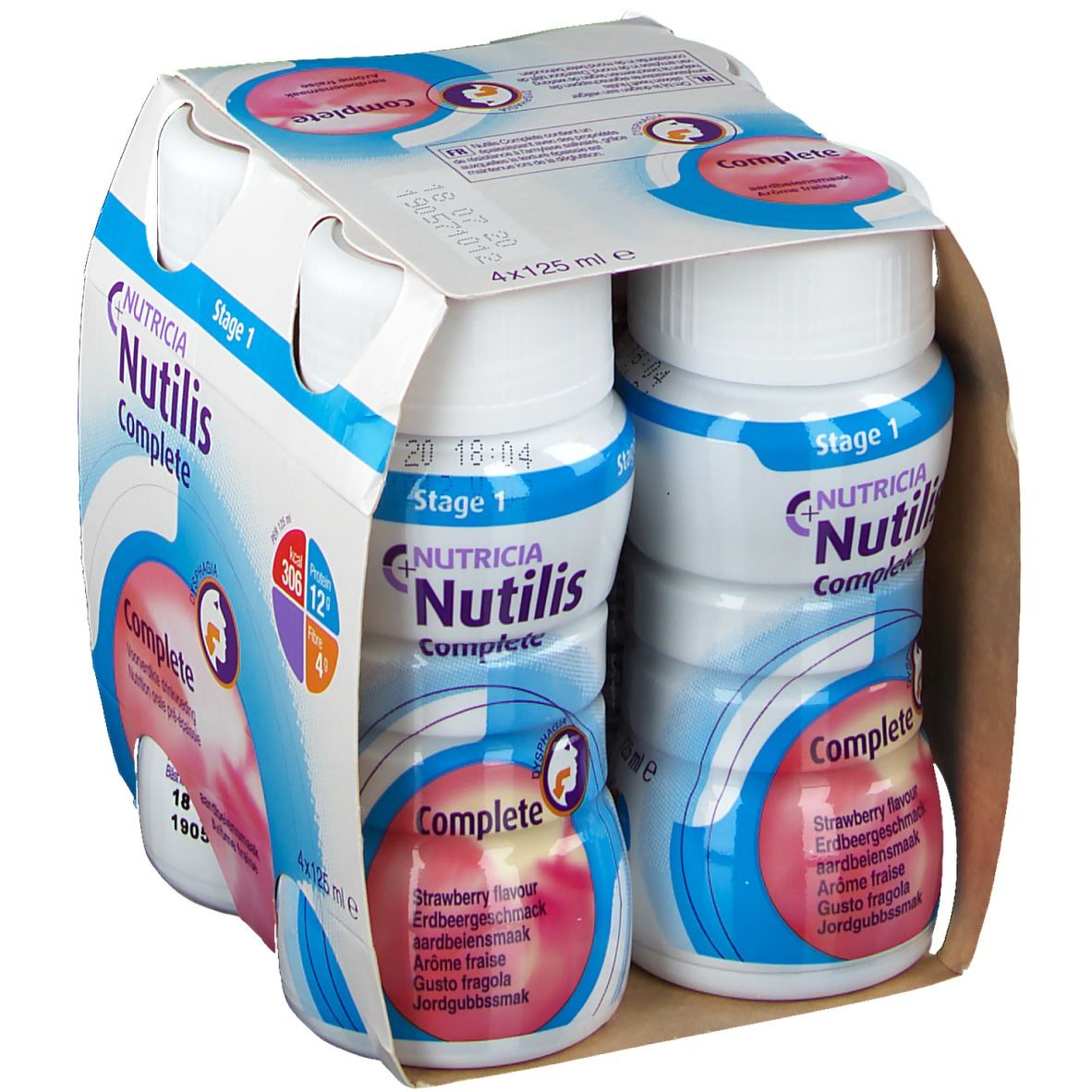 Emballage de quatre bouteilles. Inscription: Nutricia Nutilis Complete. Arôme fraise. 4x125 ml. Stage 1.