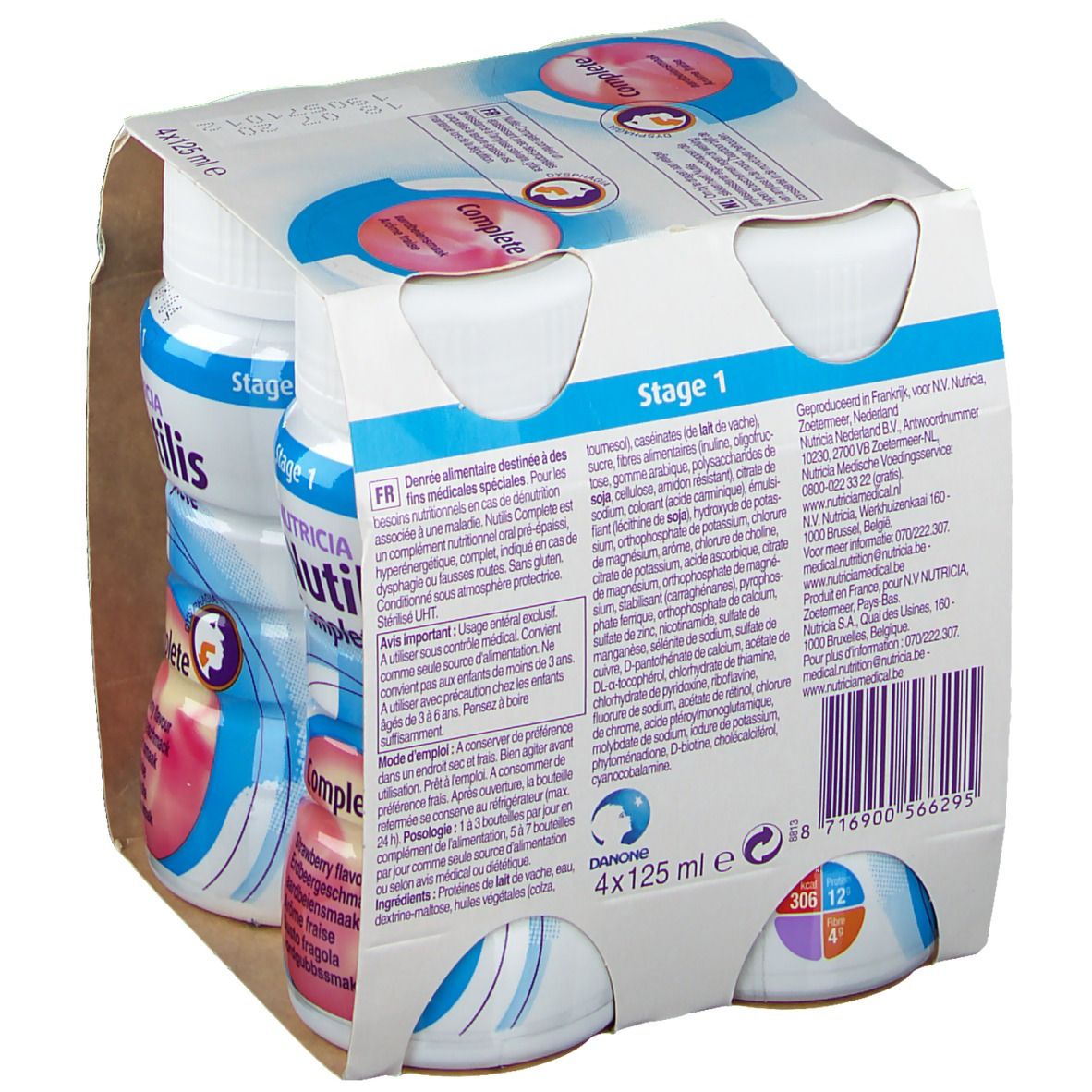 Emballage de quatre bouteilles. Inscription: Nutricia Nutilis Complete. Arôme fraise. 4x125 ml. Stage 1. Texte au dos.