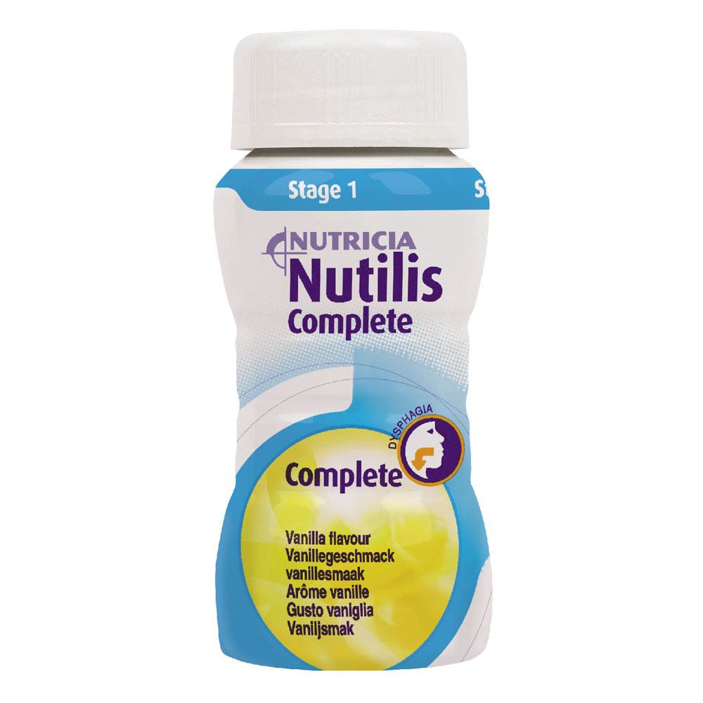 Bouteille avec bouchon blanc. Inscription: Nutricia Nutilis Complete. Arômes: vanille. Stage 1.