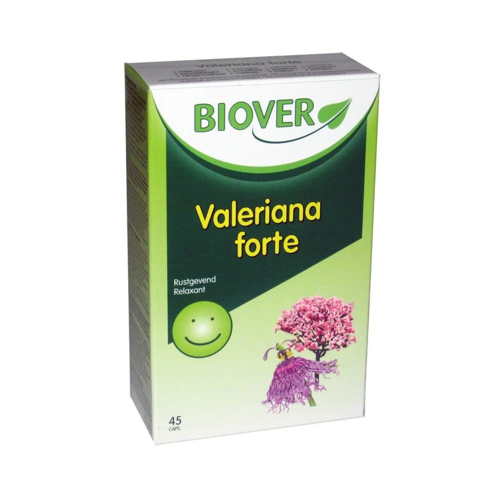 Confezione di Valeriana forte. Logo Biover, illustrazione floreale e testo. Scatola verde e bianca.