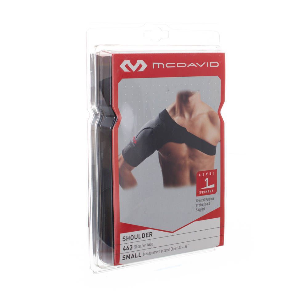 Schulterbandage in Verpackung. Marke McDavid. Schwarze Bandage, Level 1. Größe S. Brustumfang 30-36 Zoll. Sichtbare Produktabbildung.
