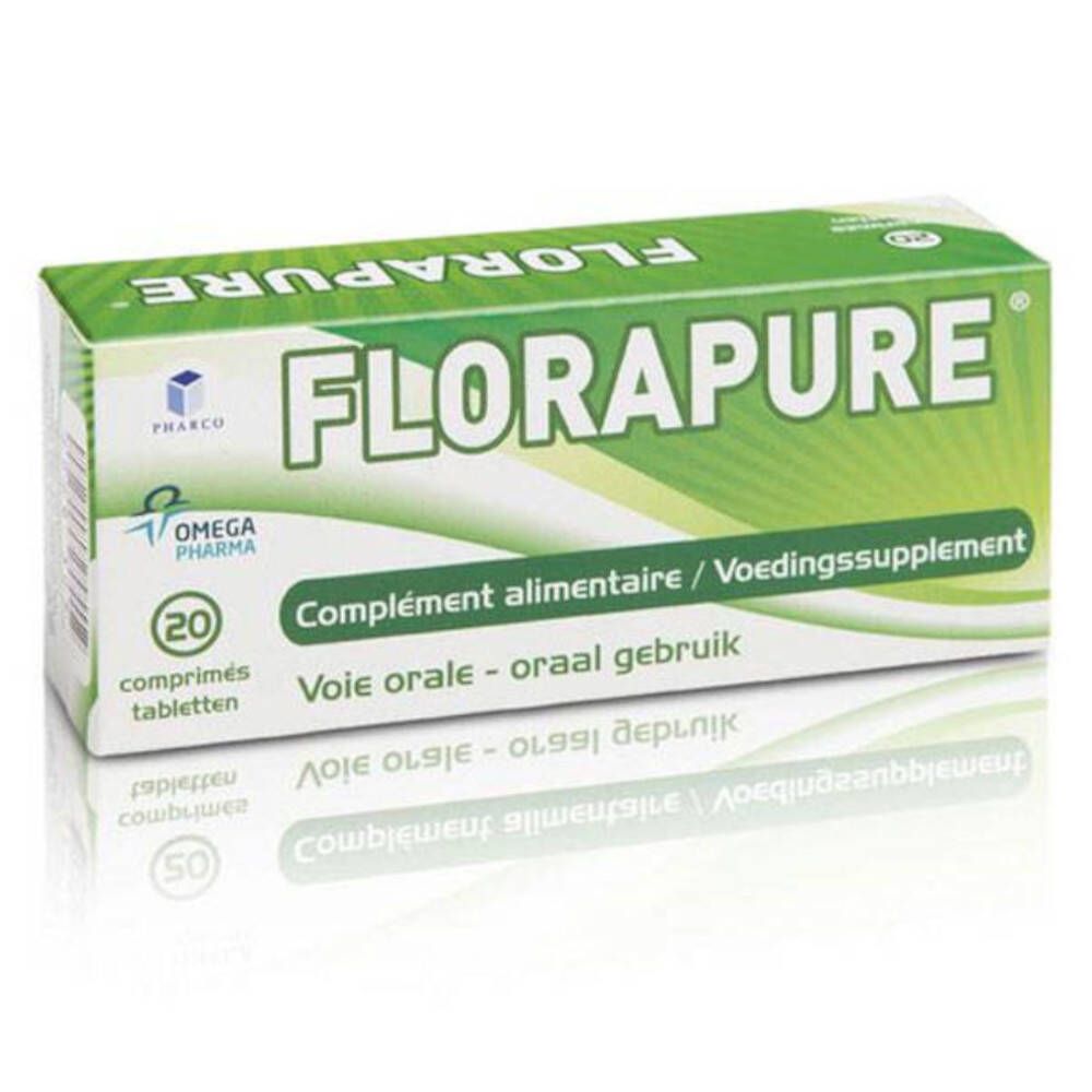 Boîte verte avec le nom FLORAPURE. Contient 20 comprimés. Inscription : Complément alimentaire, voie orale.