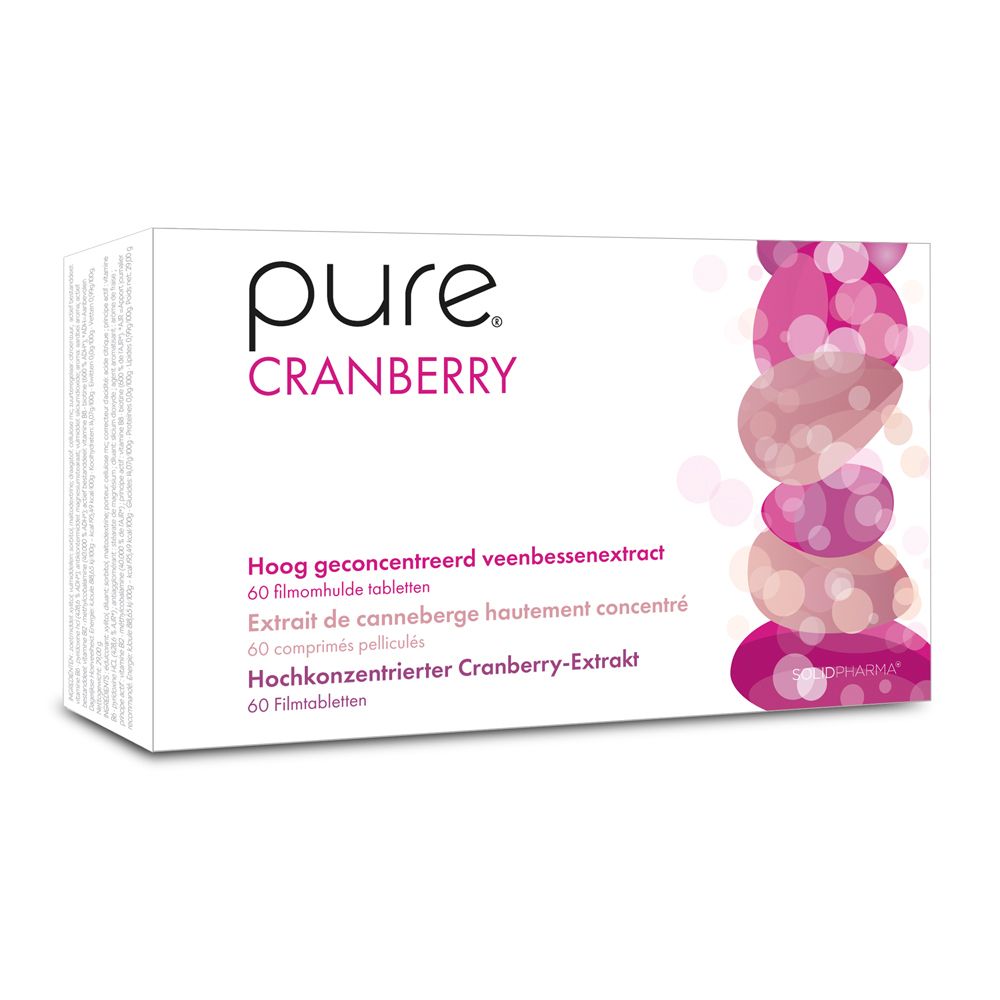 Boîte blanche avec accents roses. Inscription : pure CRANBERRY. Contient 60 comprimés.