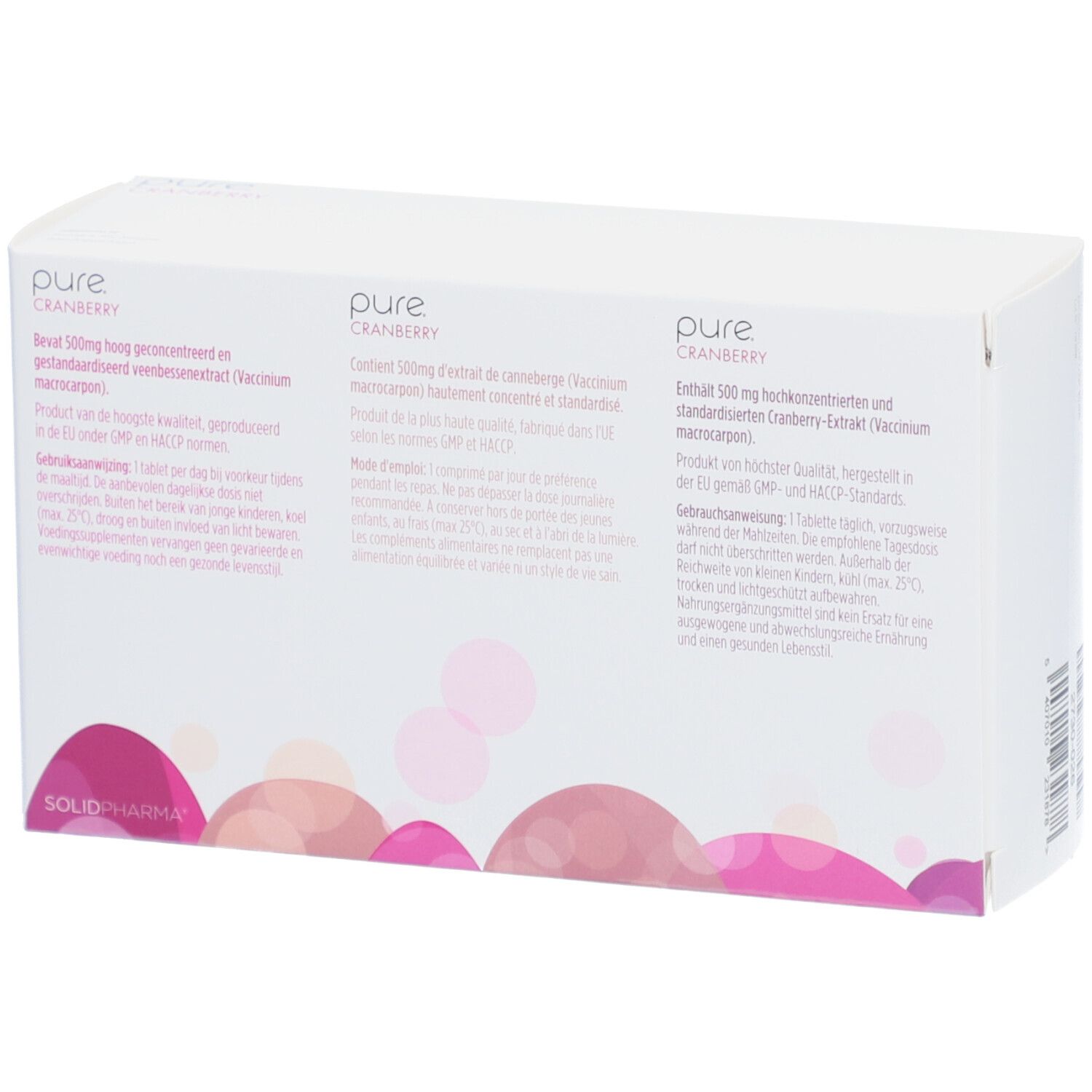 Dos de la boîte blanche avec accents roses. Texte en plusieurs langues.