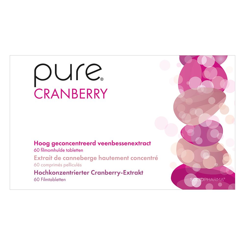 Boîte blanche avec accents roses. Inscription : pure CRANBERRY. Contient 60 comprimés.
