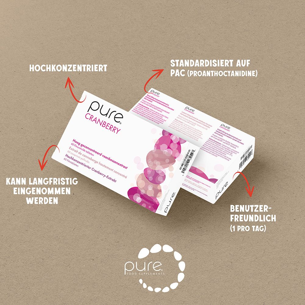 Zwei Schachteln pure Cranberry. Aufschrift: hochkonzentriert, kann langfristig eingenommen werden.