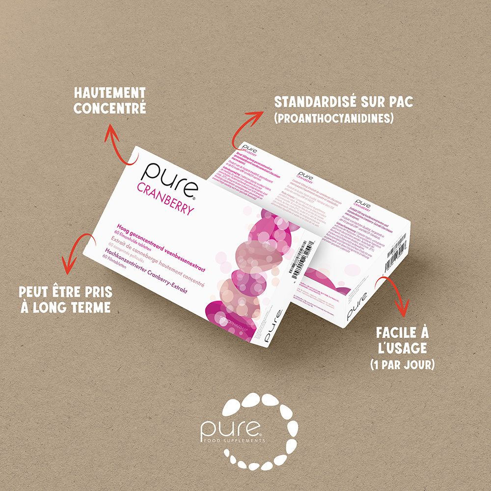 Deux boîtes pure Cranberry. Inscription : hautement concentré, peut être pris à long terme.