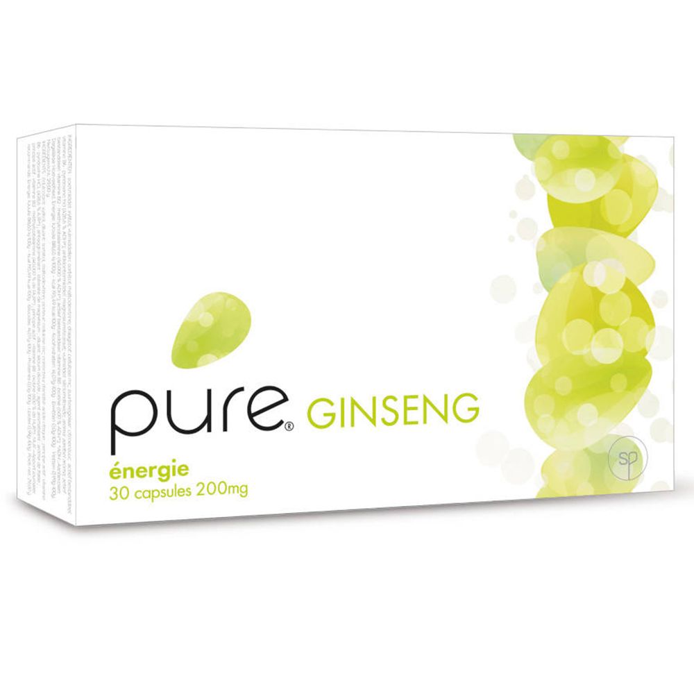 Weiße Schachtel mit "pure. GINSENG". Aufschrift: "énergie", "30 capsules 200mg". Grünes Design.