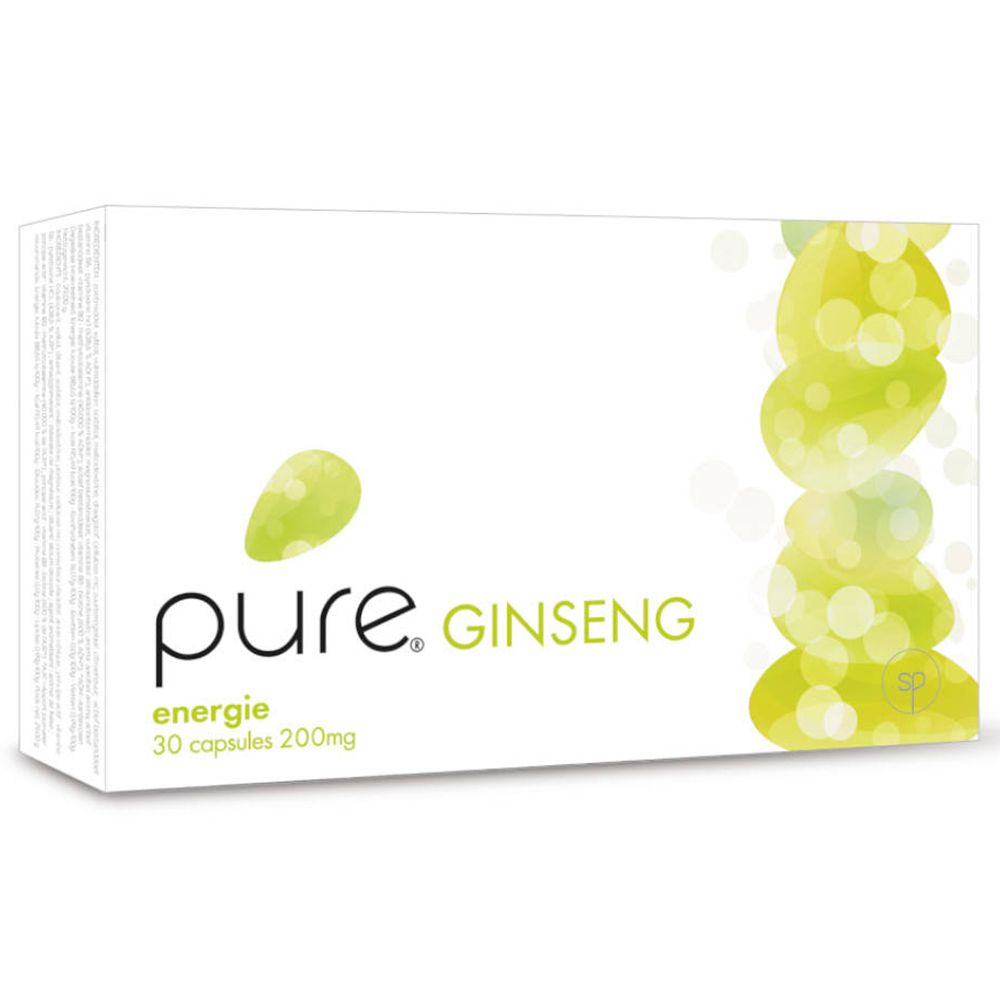 Weiße Schachtel mit "pure. GINSENG". Aufschrift: "énergie", "30 capsules 200mg". Grünes Design.