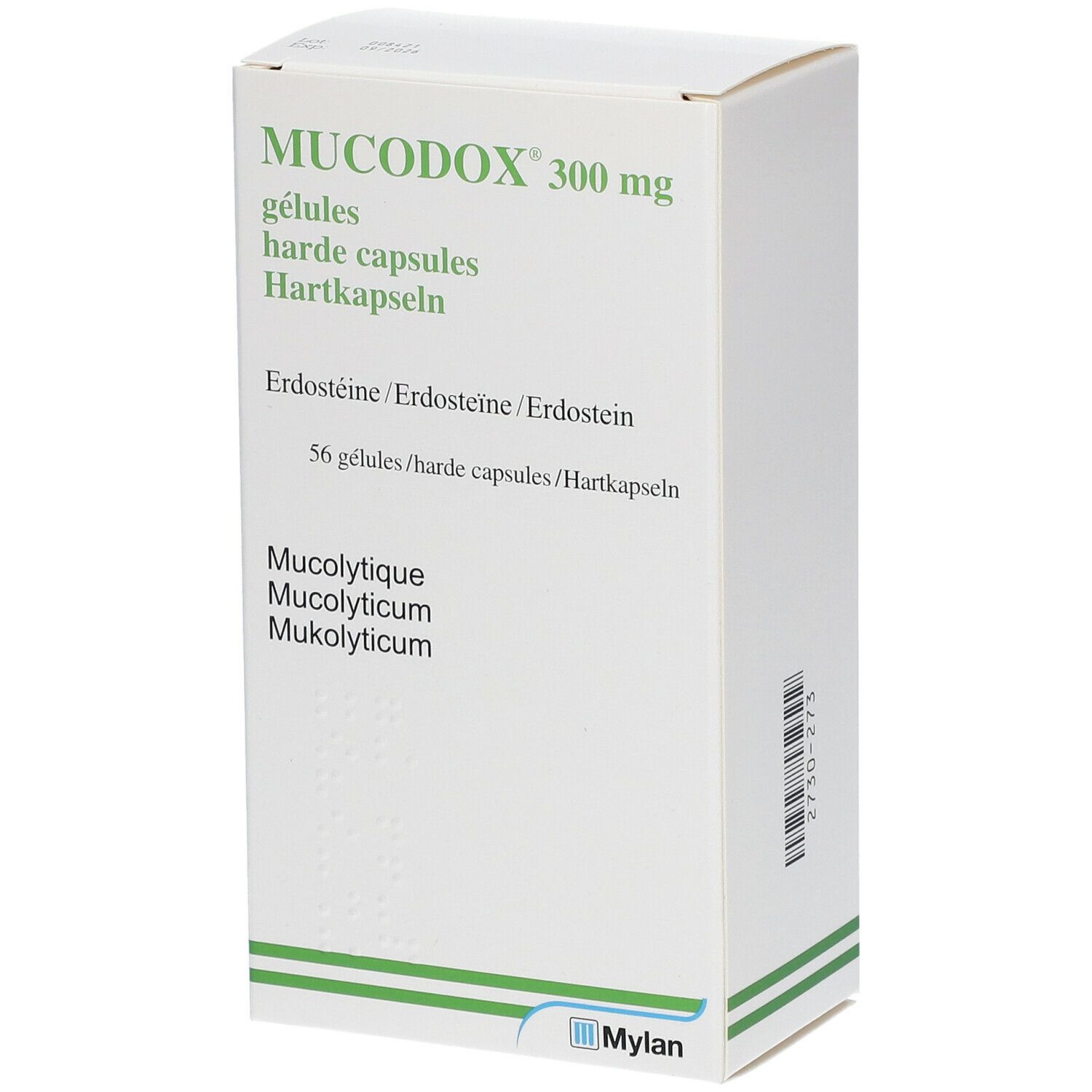 Boîte blanche Mucodox 300 mg, gélules. Texte en allemand, français, néerlandais. Logo Mylan.