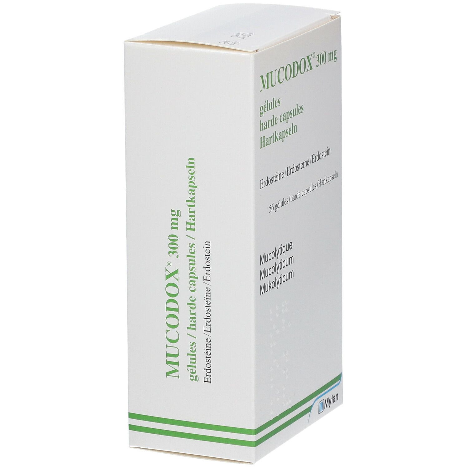 Boîte blanche Mucodox 300 mg, gélules. Texte en allemand, français, néerlandais. Logo Mylan.