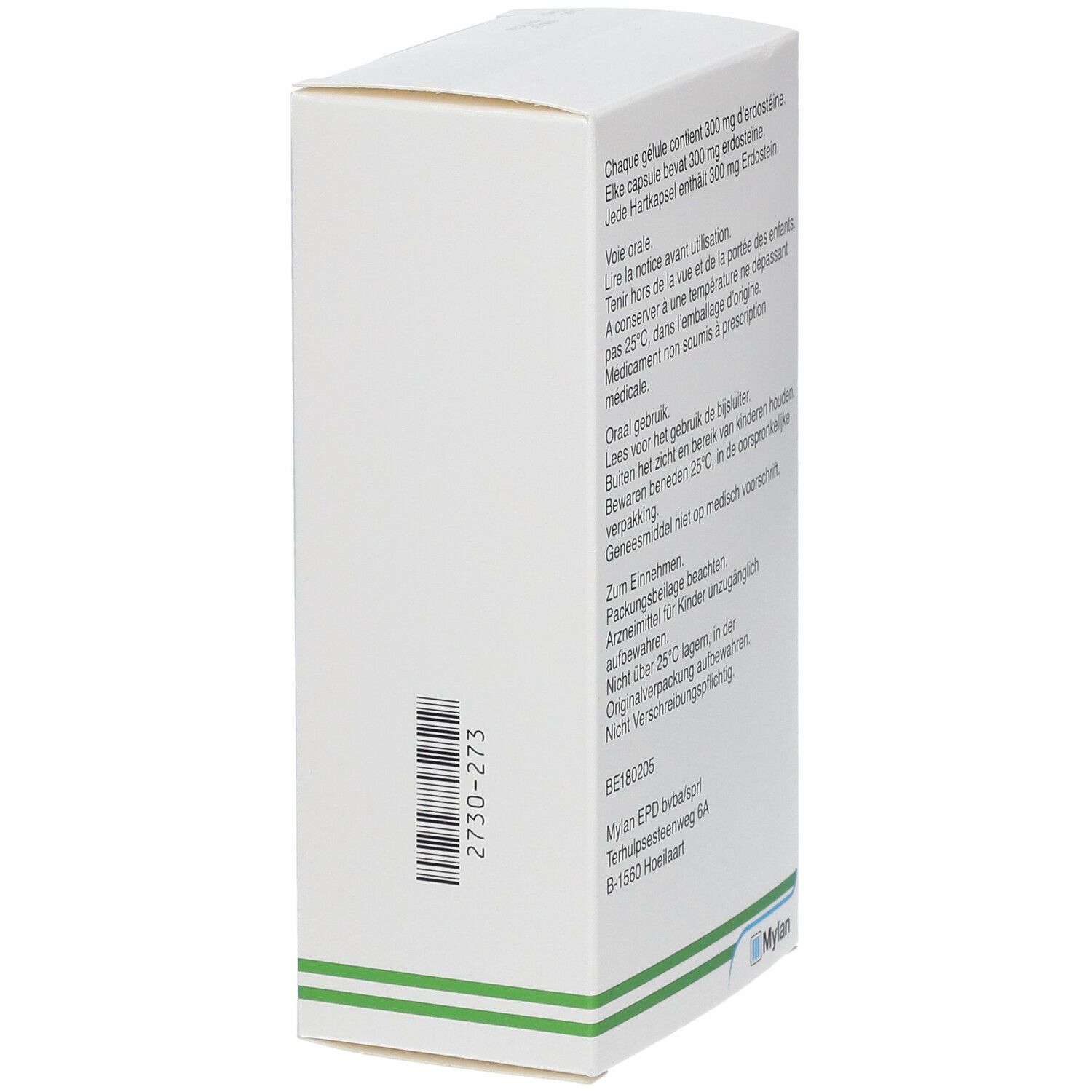 Boîte blanche avec texte en allemand, français, néerlandais. Mucodox 300 mg. Logo Mylan. Contient 300 mg d'erdostéine.