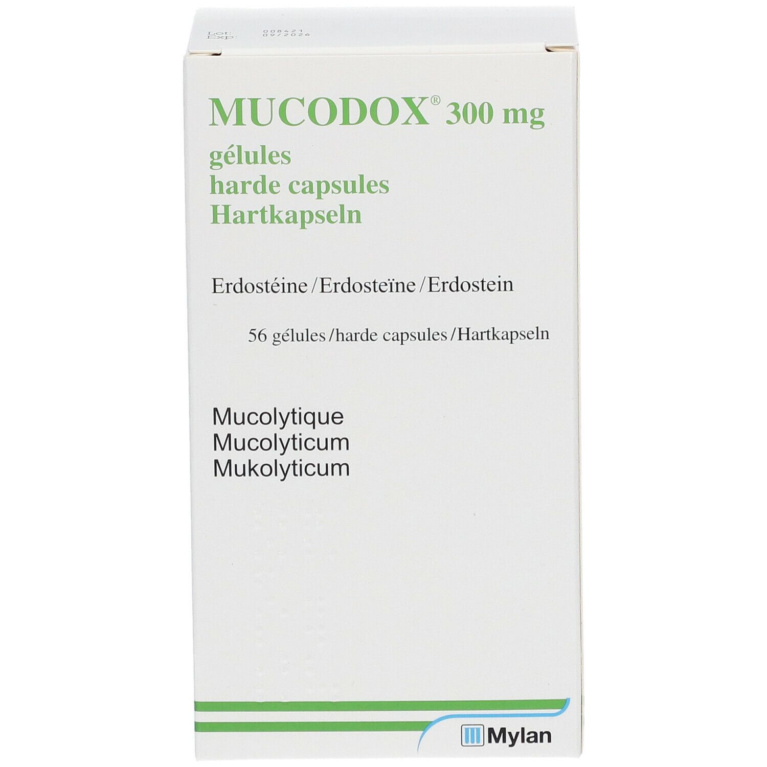 Boîte blanche Mucodox 300 mg, gélules. Texte en allemand, français, néerlandais. Logo Mylan.