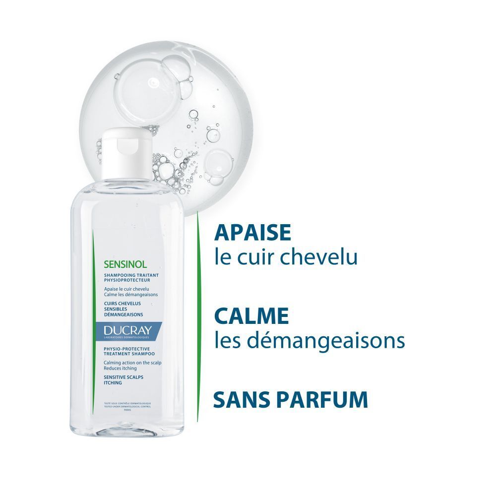 Dos du flacon de shampooing. Texte: SENSINOL, DUCRAY. 200 ml. Informations d'utilisation.