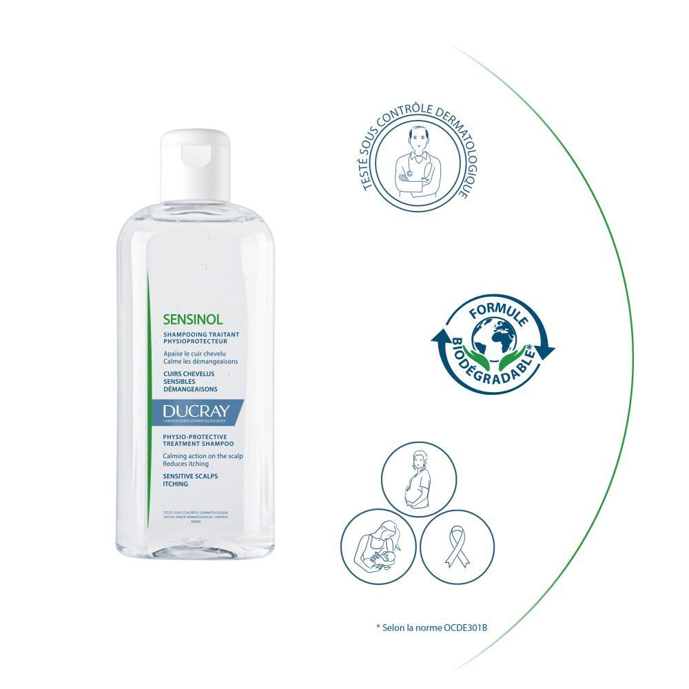 Flacon de shampooing avec texte: SENSINOL, DUCRAY. Apaise le cuir chevelu, calme les démangeaisons. Sans parfum.