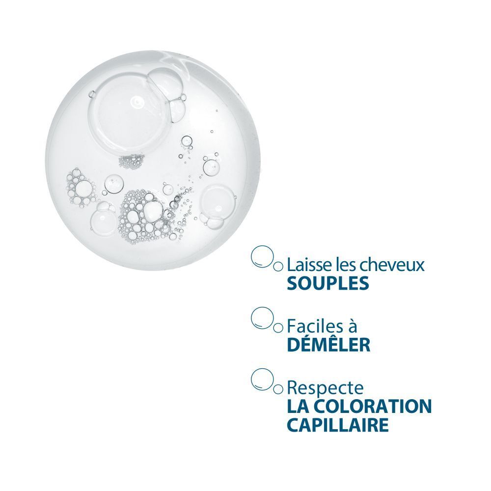 Flacon de shampooing avec texte: SENSINOL, DUCRAY. Apaise le cuir chevelu, calme les démangeaisons. Sans parfum.