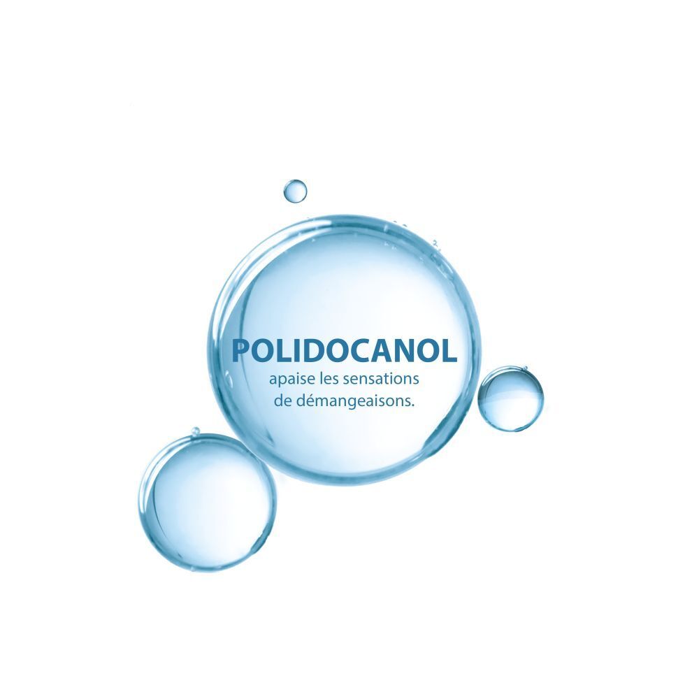 Flacon de shampooing avec texte: SENSINOL, DUCRAY. Apaise le cuir chevelu, calme les démangeaisons. Sans parfum.