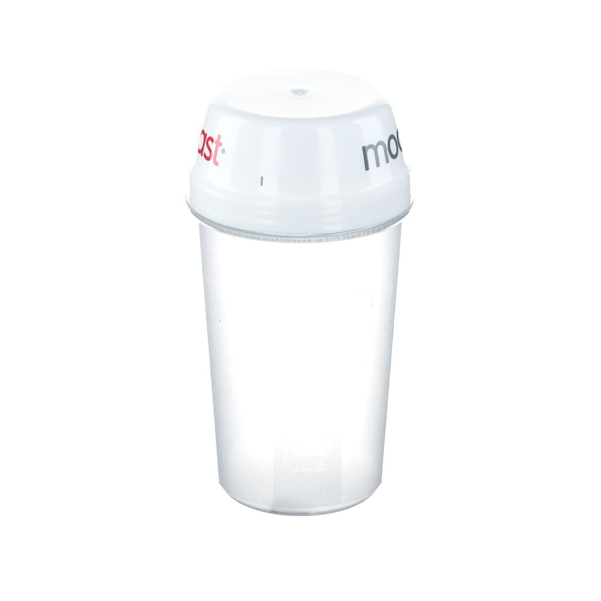 Weißer Shaker mit transparentem Becher. Der Deckel trägt den Schriftzug modifast® in Rot und Schwarz.