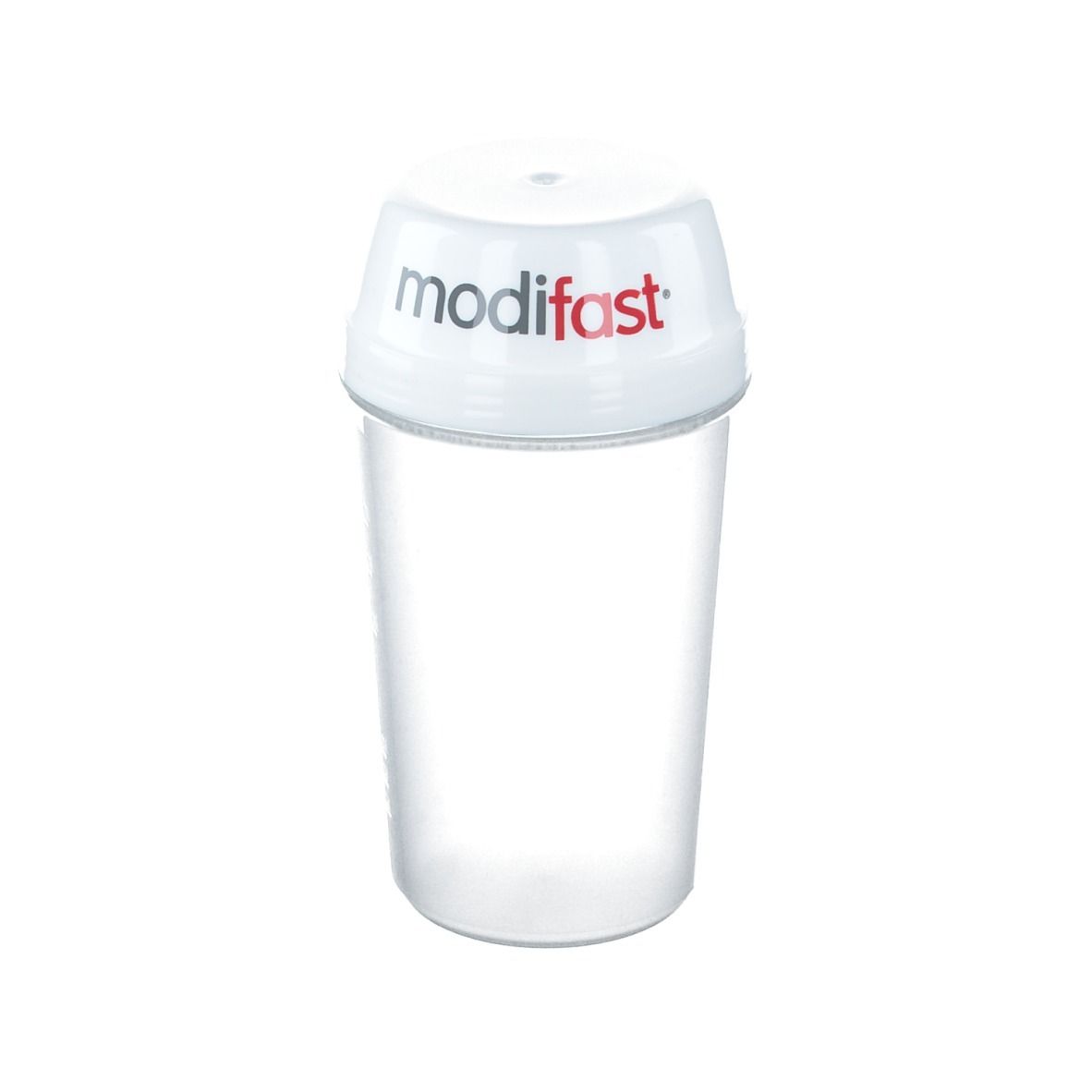 Weißer Shaker mit transparentem Becher. Der Deckel trägt den Schriftzug modifast® in Rot und Schwarz.