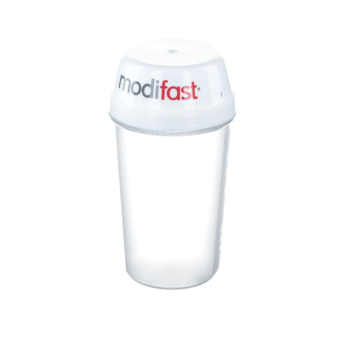 Weißer Shaker mit transparentem Becher. Der Deckel trägt den Schriftzug modifast® in Rot und Schwarz.