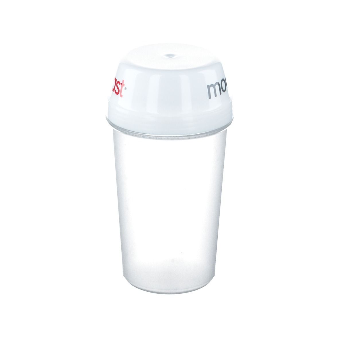 Weißer Shaker mit transparentem Becher. Der Deckel trägt den Schriftzug modifast® in Rot und Schwarz.
