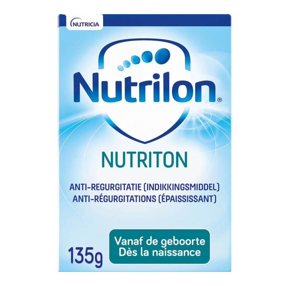 Boîte de Nutrilon Nutriton. Bleu, avec nom du produit et informations. Poids : 135g.