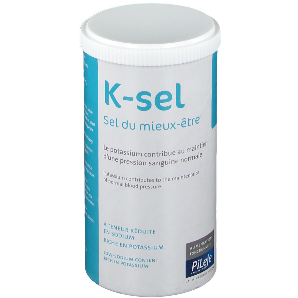 Boîte cylindrique K-sel avec couvercle blanc. Inscription: K-sel, Sel du mieux-être. Texte: Le potassium contribue au maintien d'une pression sanguine normale.