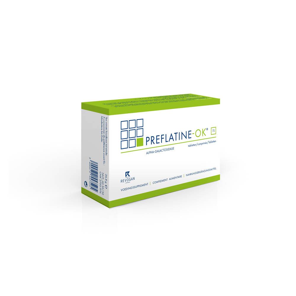 Preflatine-OK doos, iets schuin. Groen-witte verpakking met productnaam en logo. Bevat alfa-galactosidase. Vooraanzicht.