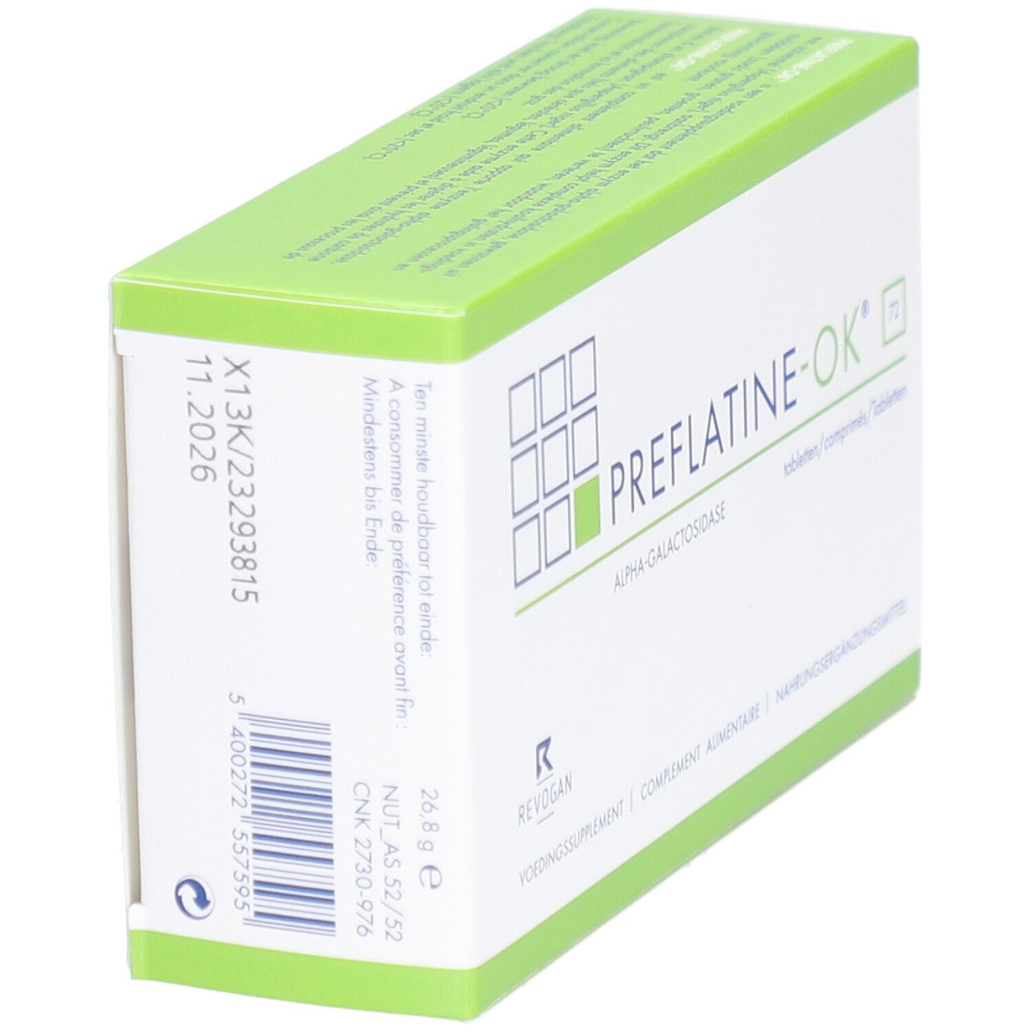Preflatine-OK doos, zijaanzicht. Groen-witte verpakking met productnaam en logo. Bevat alfa-galactosidase. Houdbaarheidsdatum.
