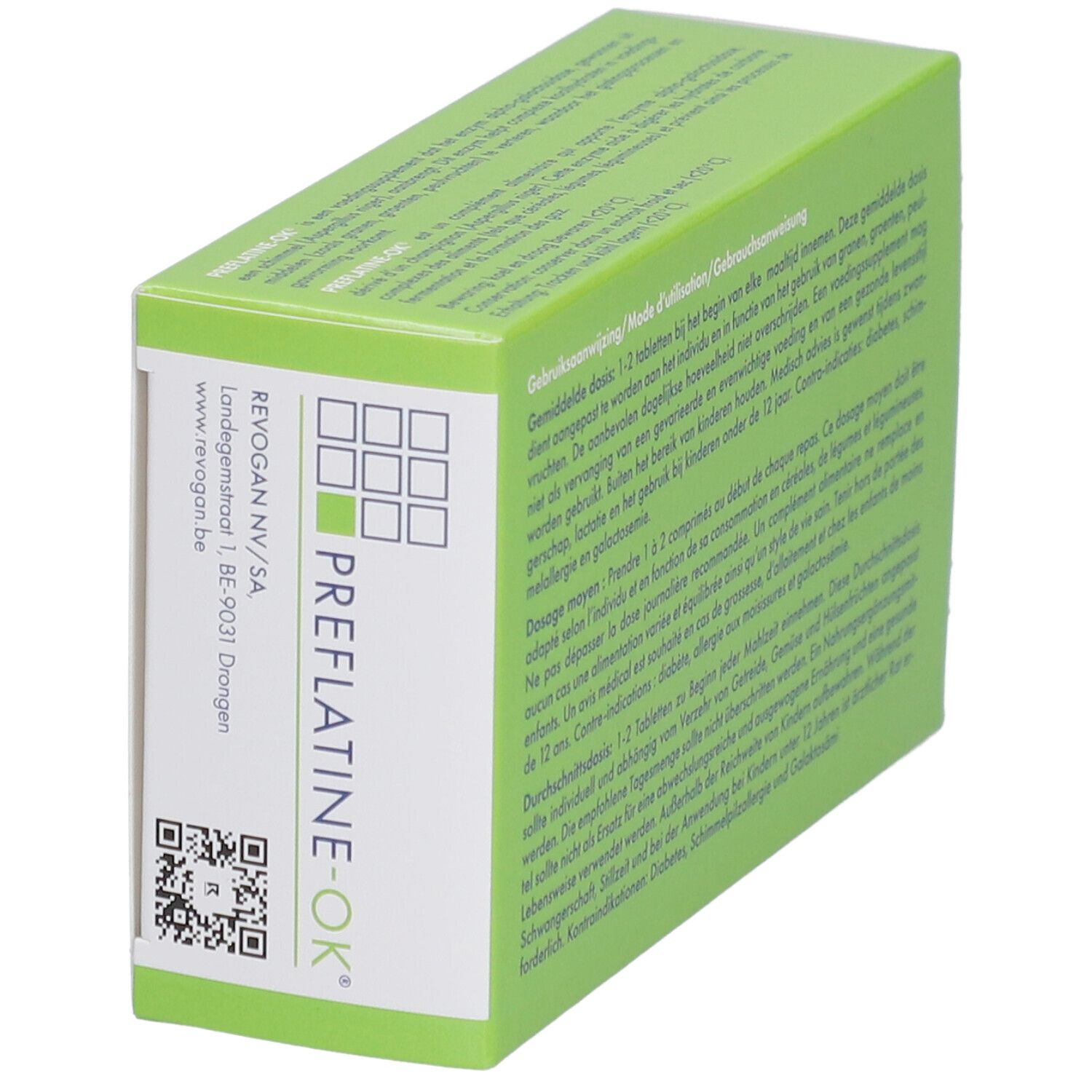 Zijaanzicht van de Preflatine-OK doos. Groen-witte verpakking met productnaam en logo. Bevat alfa-galactosidase. Fabrikantenadres.