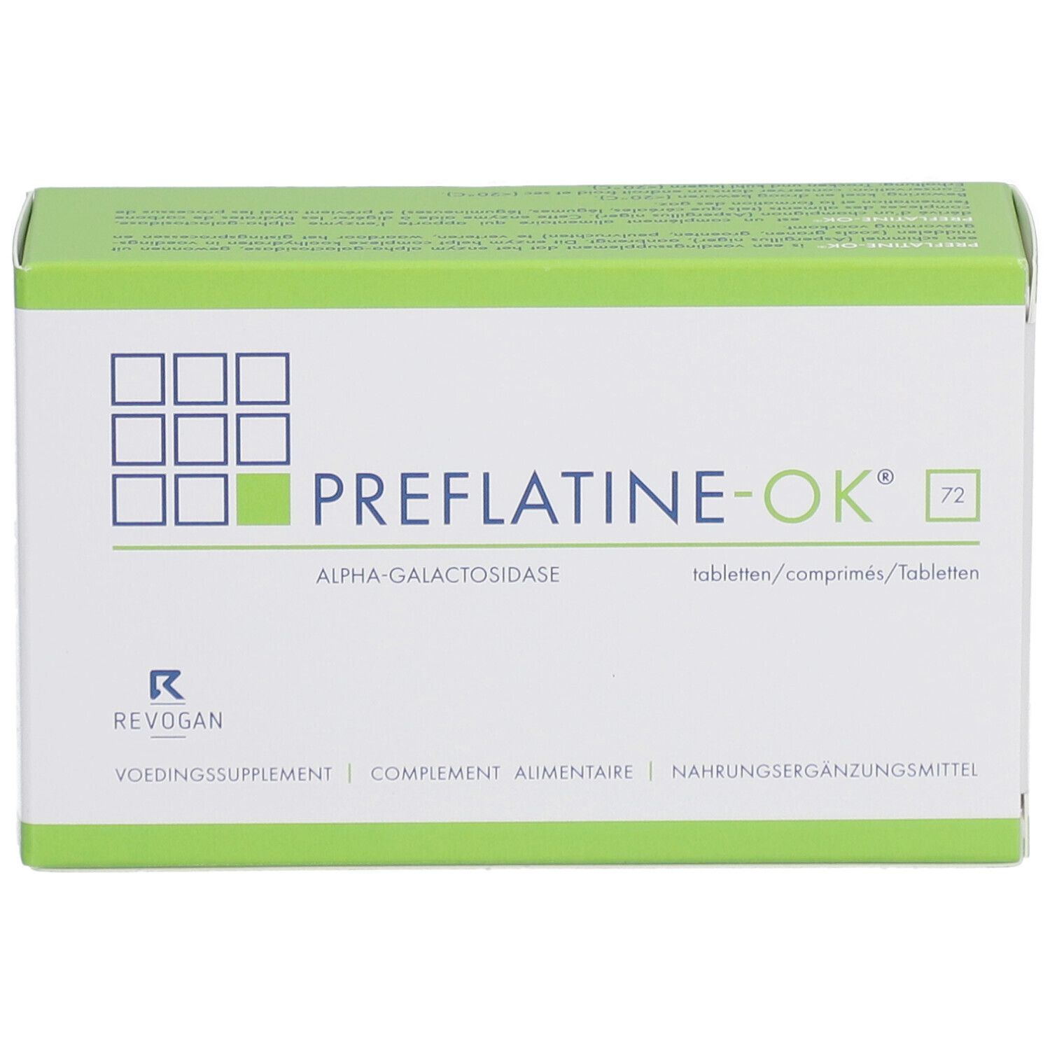 Preflatine-OK doos met 72 tabletten. Groen-witte verpakking met productnaam en logo. Bevat alfa-galactosidase. Vooraanzicht.