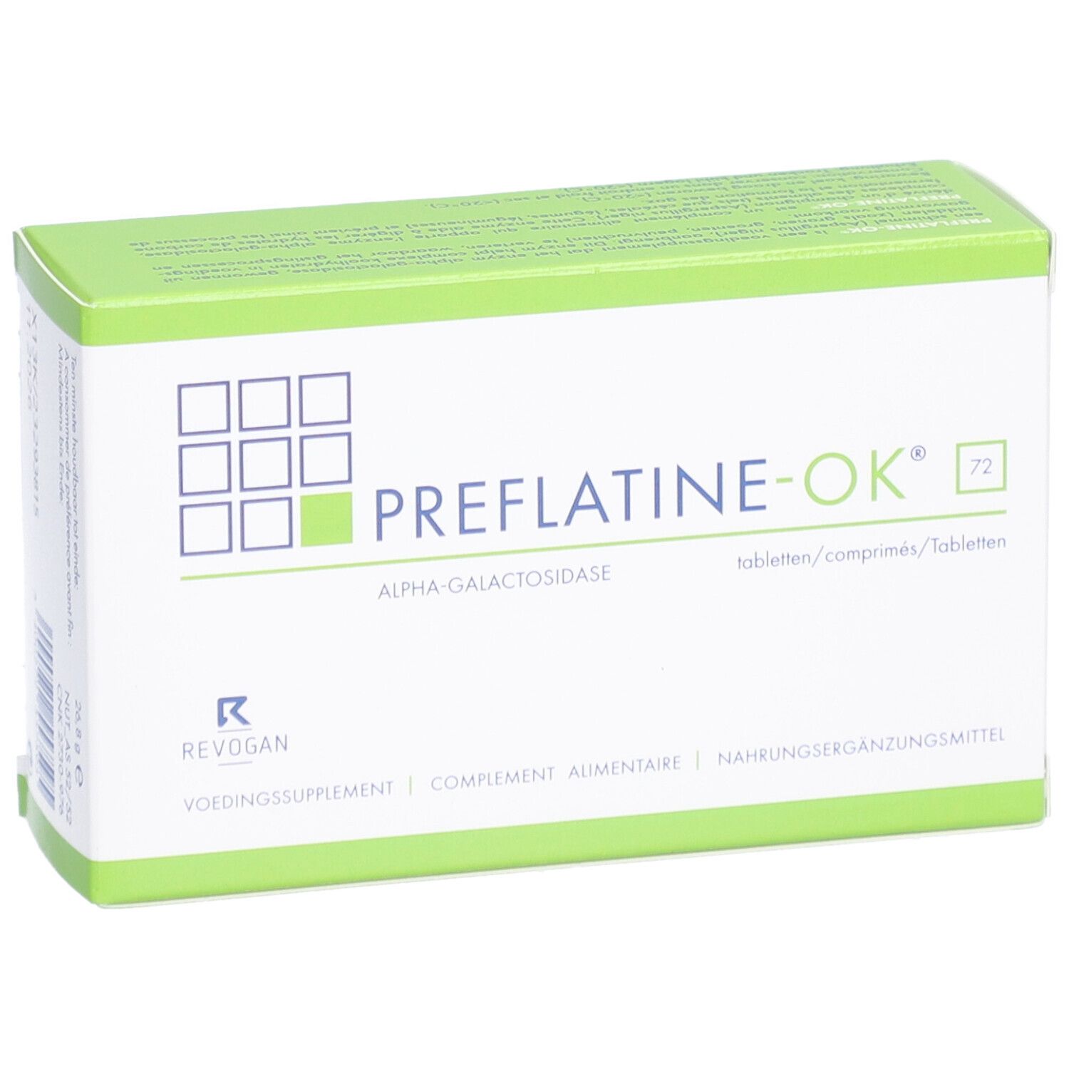 Preflatine-OK doos. Groen-witte verpakking met productnaam en logo. Bevat alfa-galactosidase. Vooraanzicht.