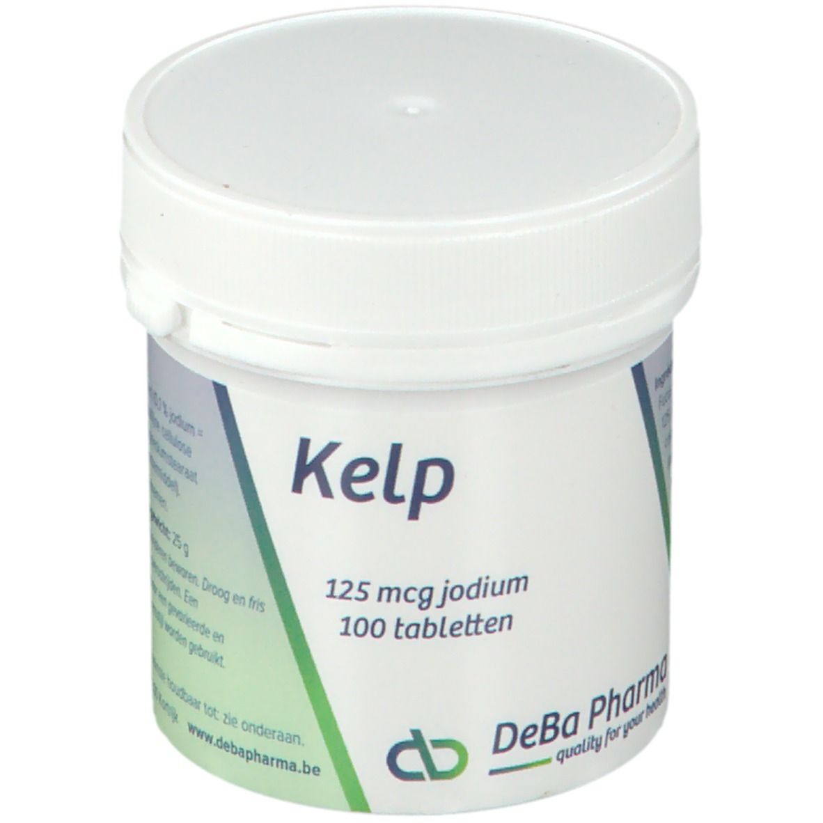 Witte pot met groen etiket. Opschrift: Kelp, 125 mcg jodium, 100 tabletten. Logo DeBa Pharma.
