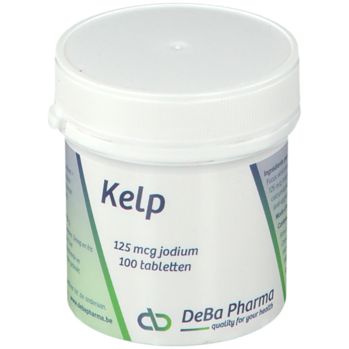 Witte pot met groen etiket. Opschrift: Kelp, 125 mcg jodium, 100 tabletten. Logo DeBa Pharma.