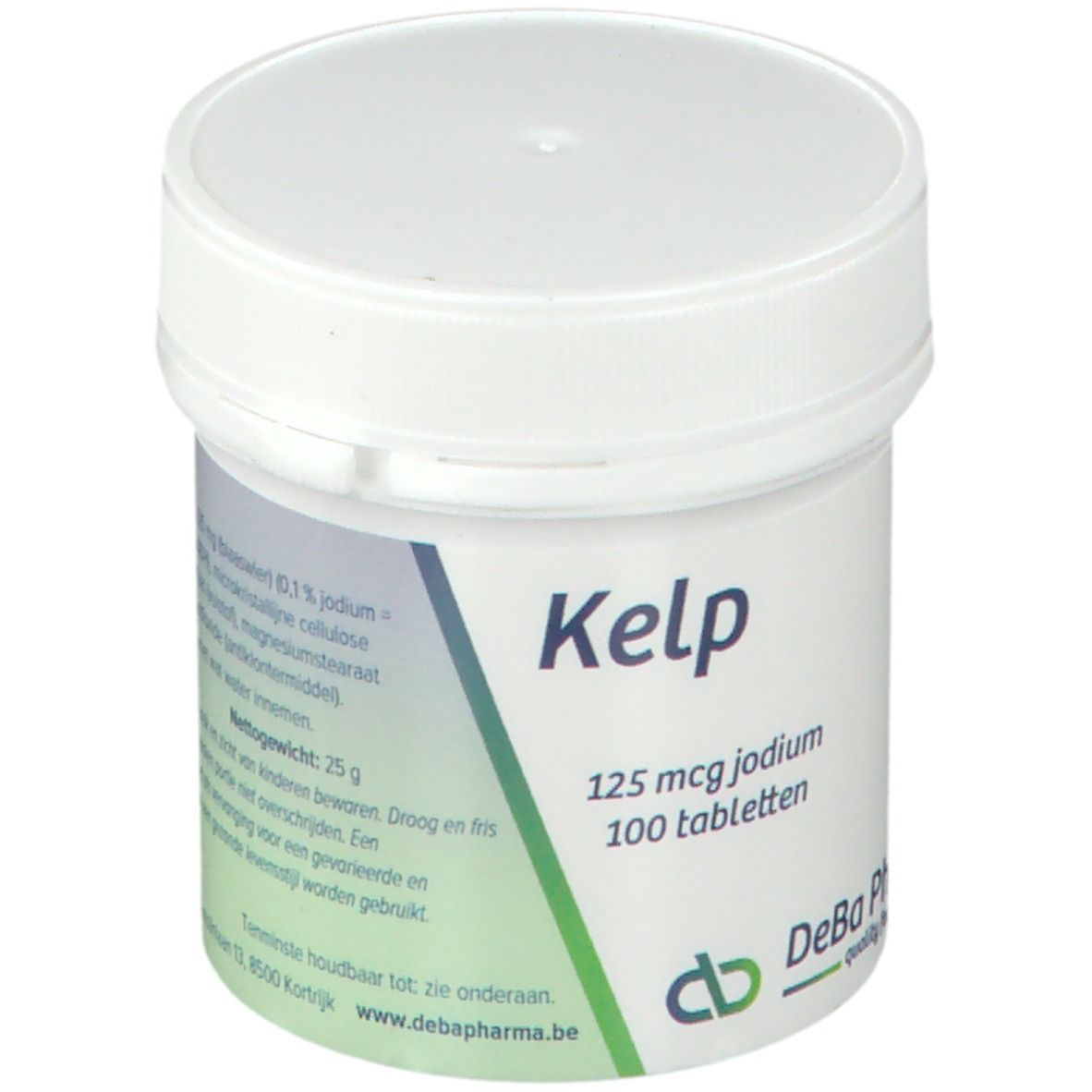 Witte pot met groen etiket. Opschrift: Kelp, 125 mcg jodium, 100 tabletten. Logo DeBa Pharma.