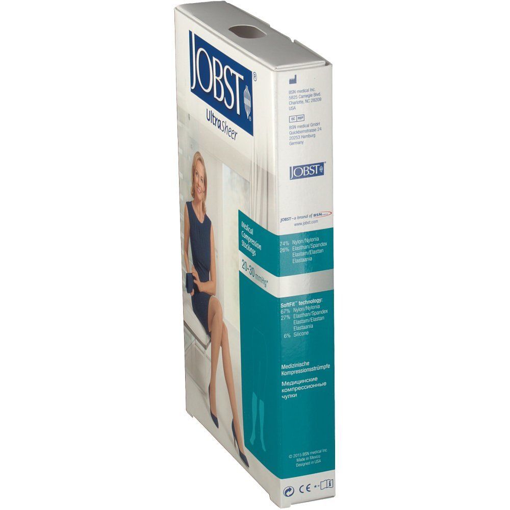 Emballage de JOBST Ultrasheer Kniestrumpf. Une femme portant des bas est représentée. Texte : Medical Compression Stockings, 25-30 mmHg.