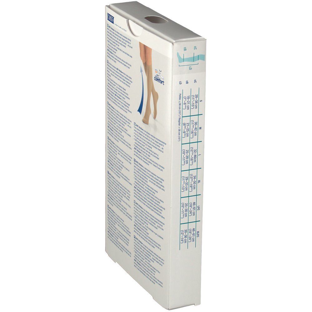 Côté de l'emballage de JOBST Ultrasheer Kniestrumpf. Texte et tableau des tailles. Image d'une jambe avec un bas.